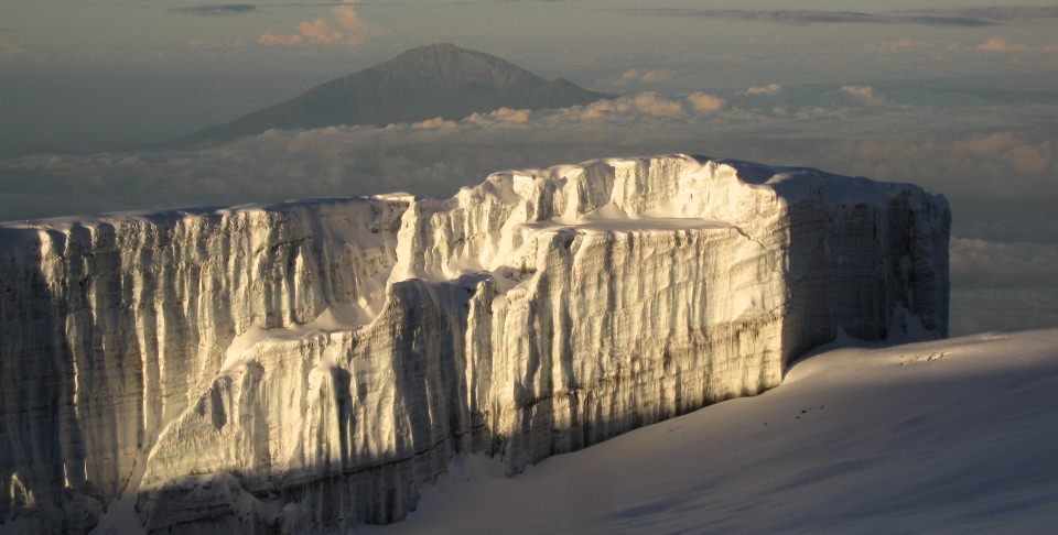 The glacier near the summit with Mount Meru behind