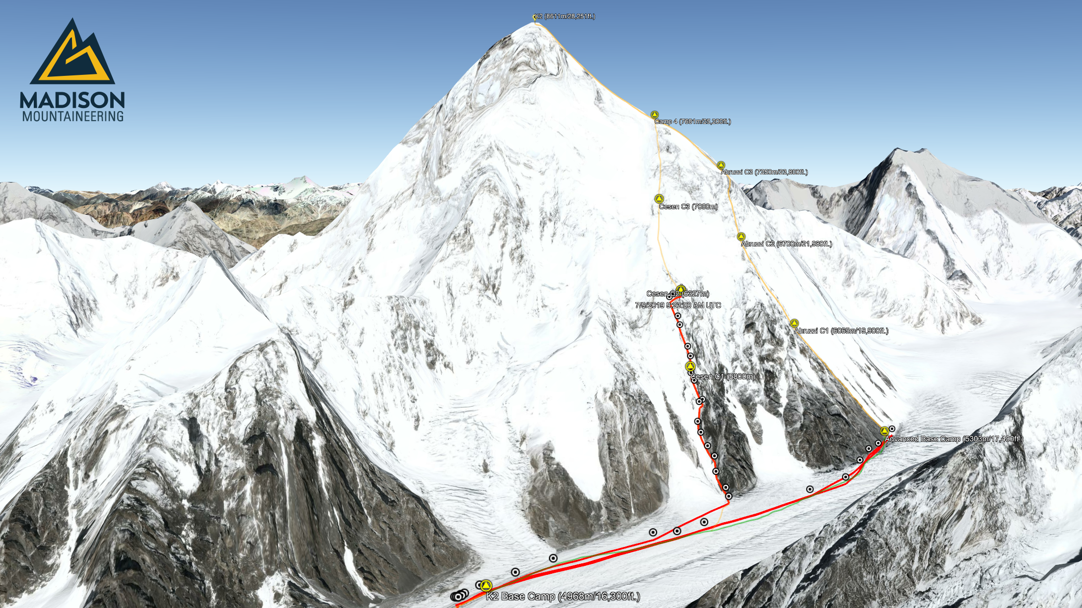 Google Earth 3D map of K2 Cesen route tracking map