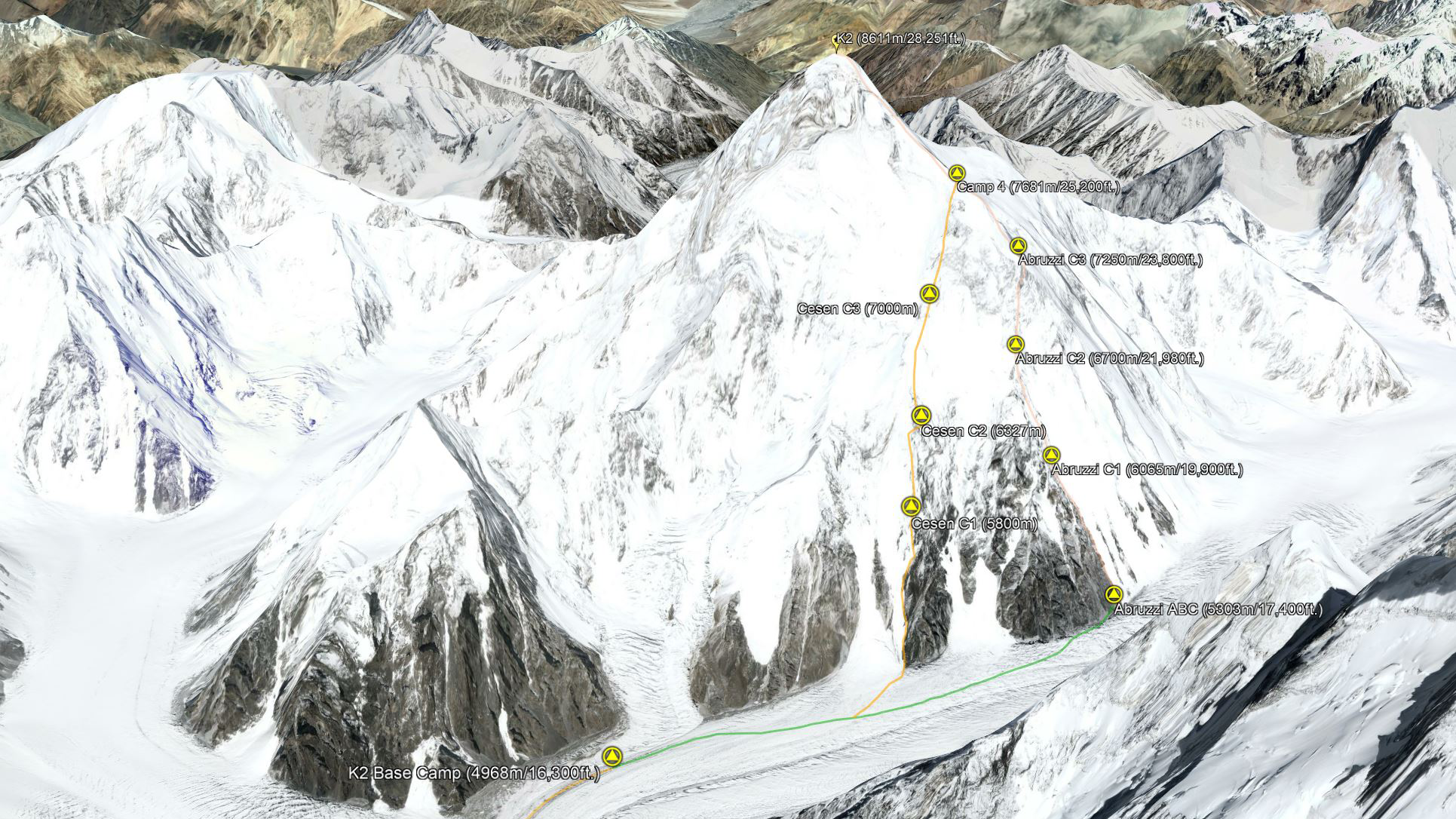 K2 Cesen and Abruzzi Google Earth map