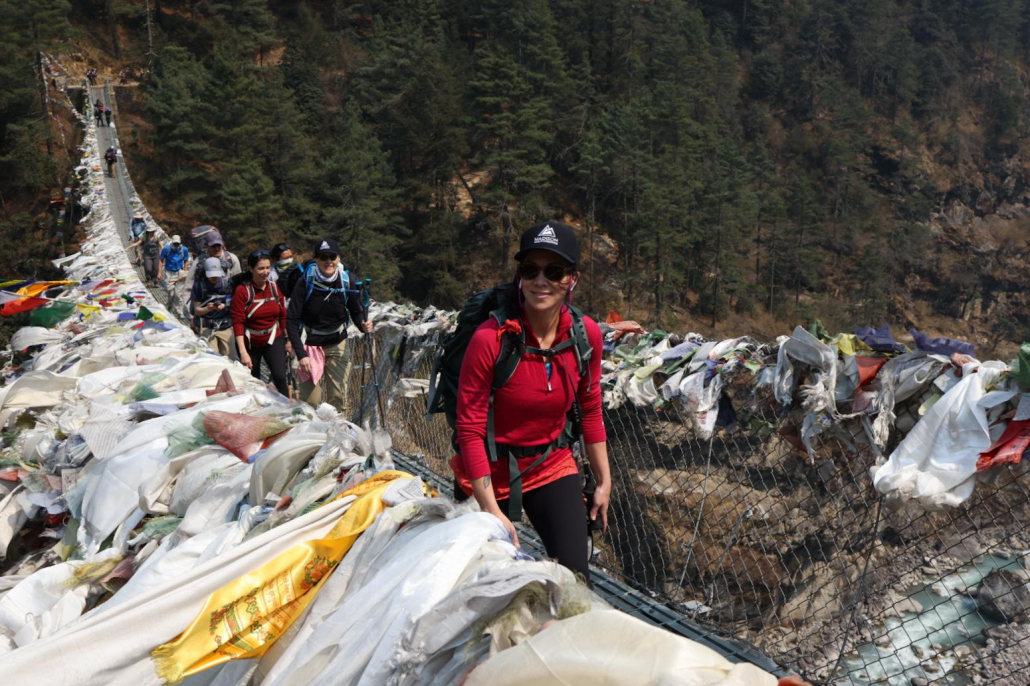 Kristin B crossing the Dudh Koshi before the big hill up to Namche