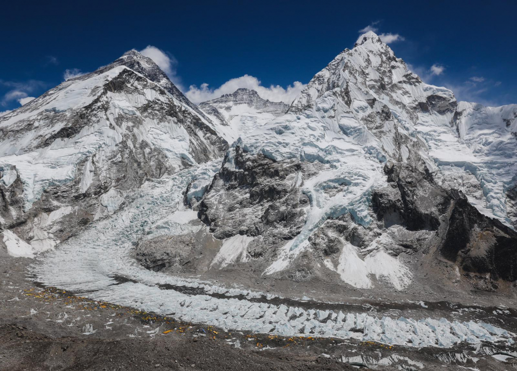 The view of Everest, Lhotse, and Nuptse from Pumori base camp