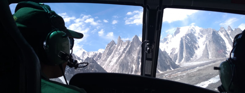 Flying down the Baltoro Glacier at the conclusion of the K2 expedition