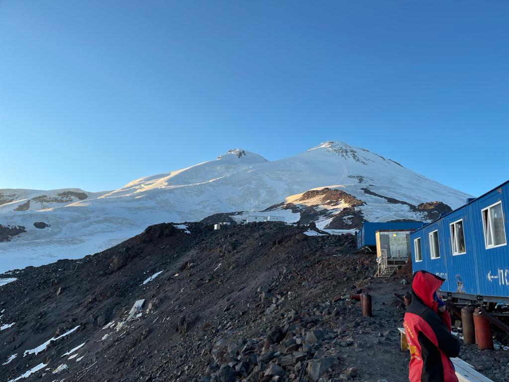 The view of Mount Elbrus's twin peaks from the high huts