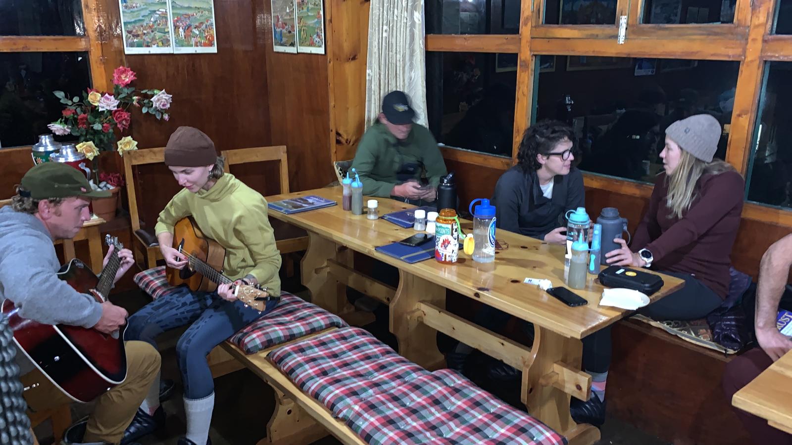 Post dinner guitar session at the Rivendell lodge, Debuche