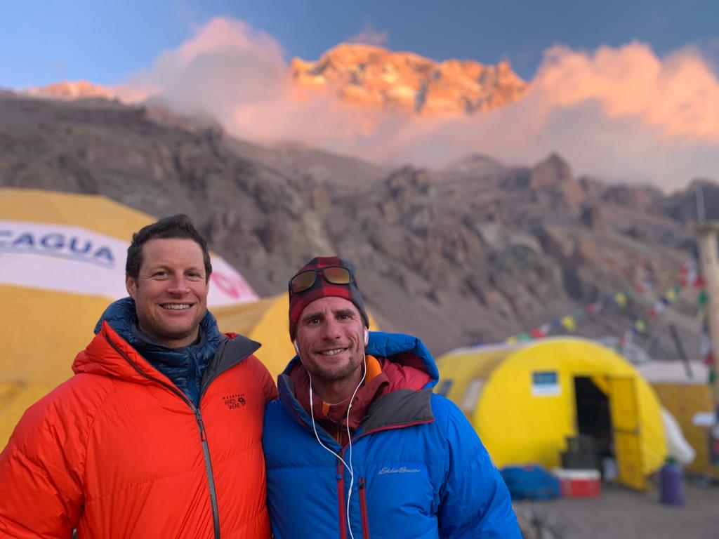 Garrett & Sid in base camp with the peak behind