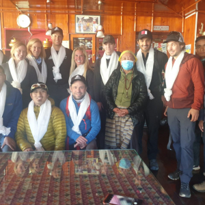 Departing the Panorama Lodge in Namche with blessings