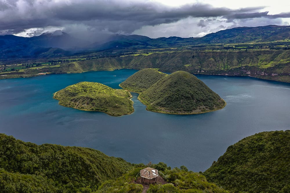 The crater lake of Cuicocha set among volcanic mountains