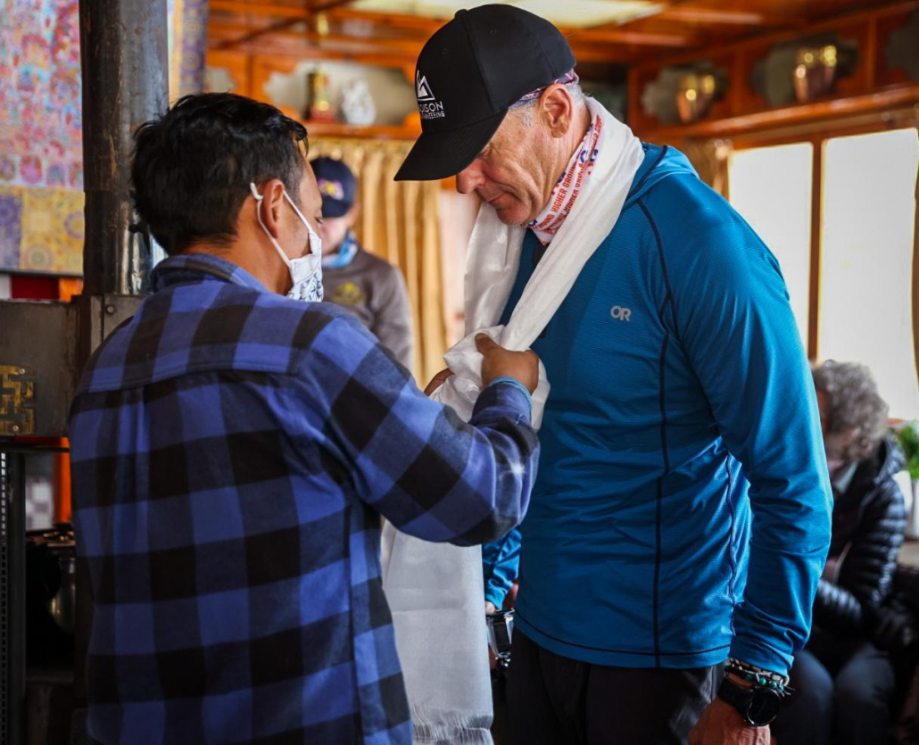 Mark P receives a blessing and a khata at the Panorama Lodge in Namche