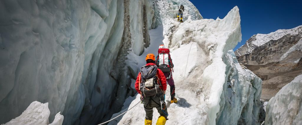 Climbing into the lower part of the Khumbu Icefall