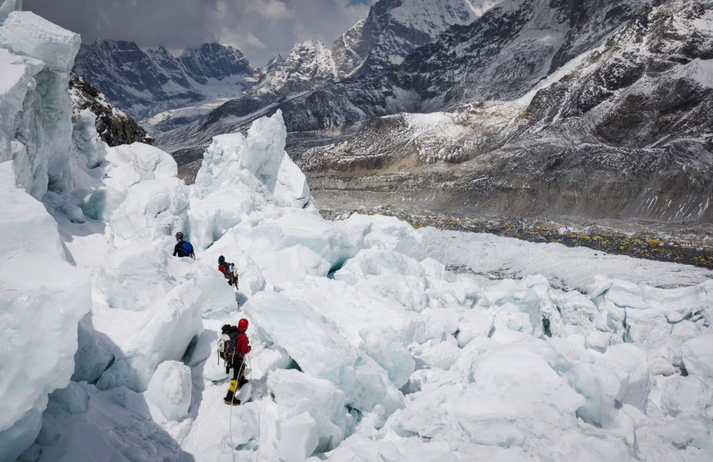 Heading down through the Khumbu Icefall with base camp below