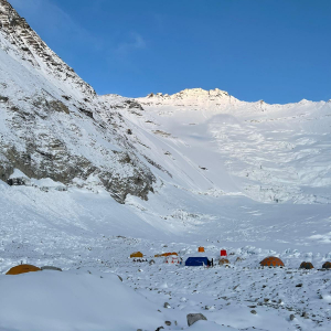 The Lhotse Face covered in snow as seen from Camp II