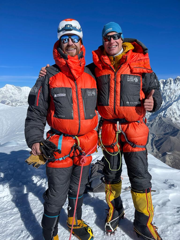 Climber J.B. and Garrett on the summit of Ama Dablam