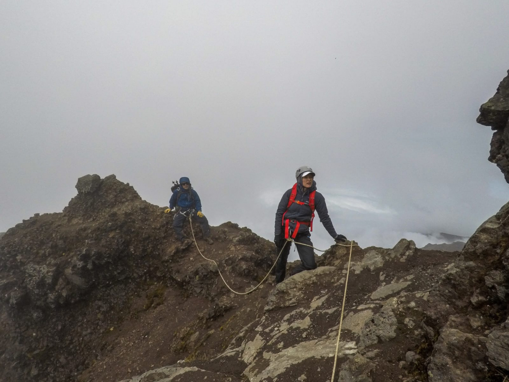 Climbers Carter B. and Saskia J. nearing the summit of Corazón