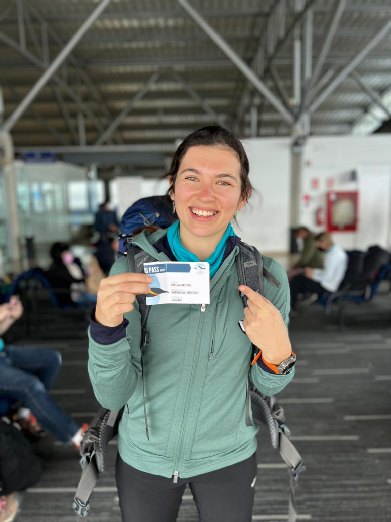 Climber Eva Z. has her boarding pass and is ready to finally get to Antarctica! (2022.01.05 Vinson)
