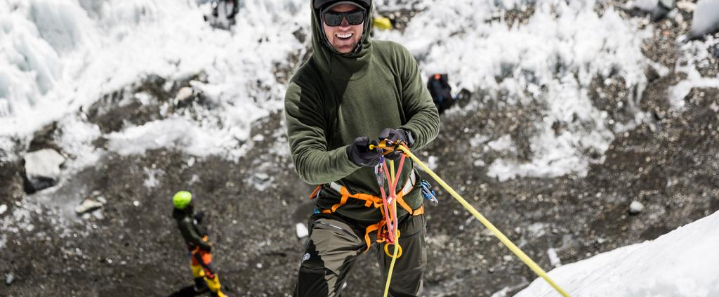 Climber Cameron Kenny practices ascending fixed lines on the Khumbu Glacier