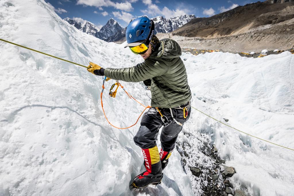 Climber Dwight Crow practices traversing on fixed lines on the Khumbu Glacier