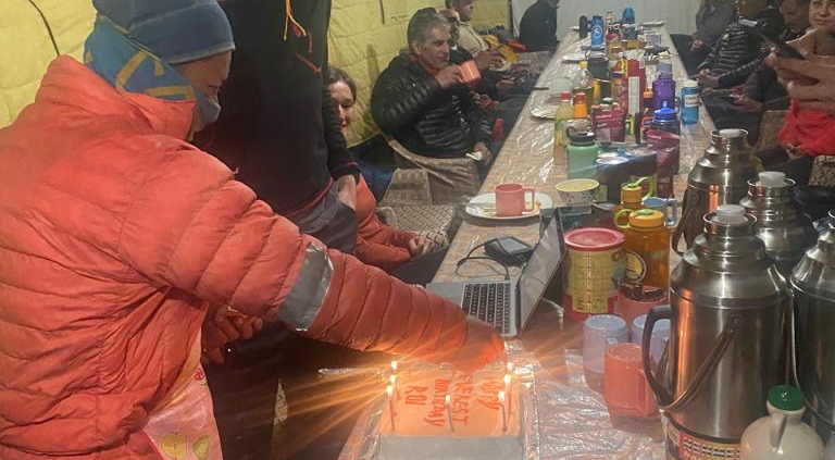 Celebrating climber Roi Negri's birthday at Everest base camp