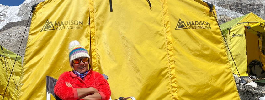 Climber Sara Safari relaxing at Everest base camp