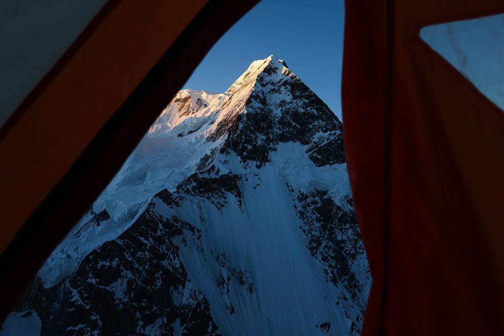 First light on the north pyramid of Broad Peak - seen from Camp 1.