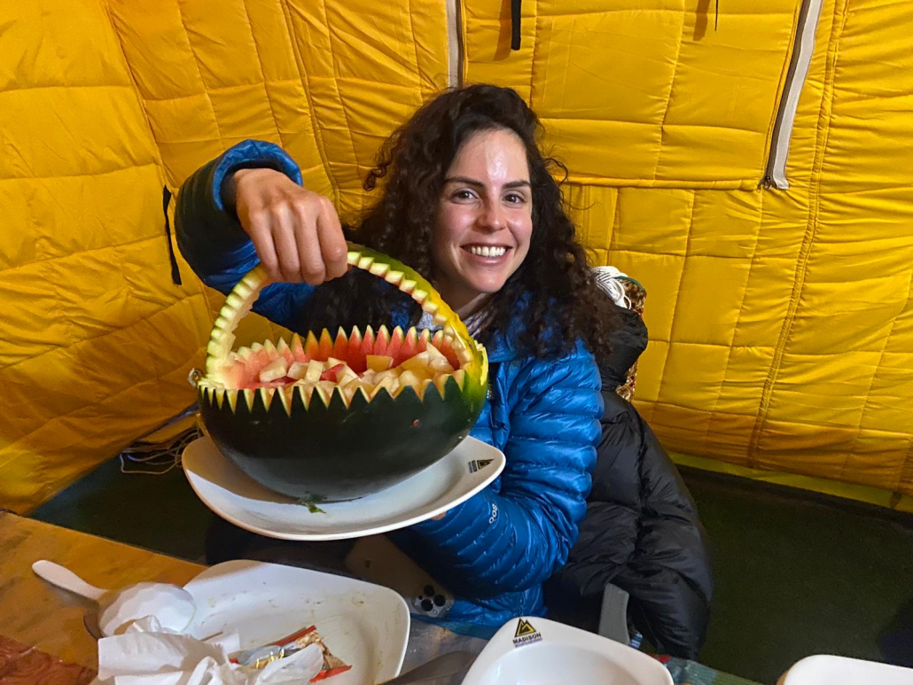 Nelly Attar with tonight's dessert: fresh fruit salad at 5,000 meters!