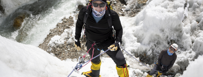 Madison Mountaineering clients and staff participate in a skills training session on the ice towers of the Godwin Austen Glacier beside base camp during the 2022 Madison Mountaineering K2 Expedition in Gilgit-Baltistan, Pakistan, on June 28, 2022. (📸: @terray_s)