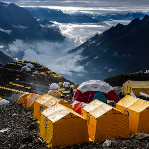 The Madison Mountaineering Manaslu Base Camp, high above the clouds. Photo: Terray Sylvester