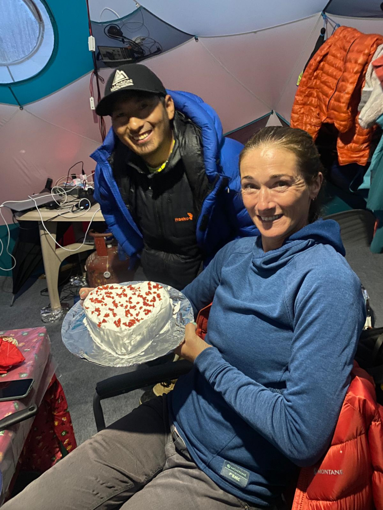 Aang Phurba Sherpa and our climber, Becks, with tonights strawberry cake!