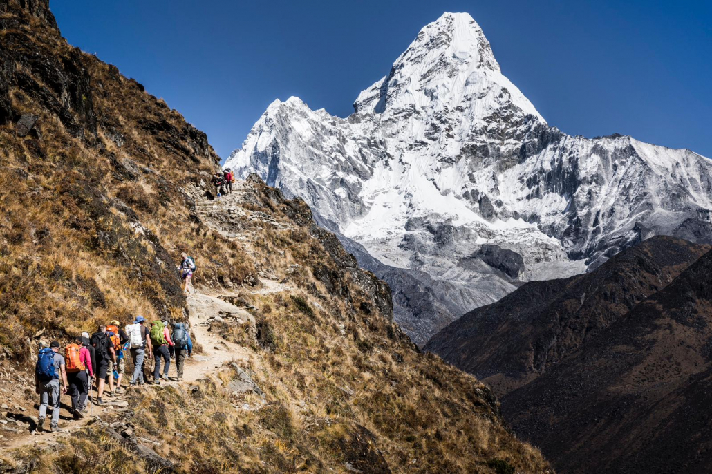 The team trekking from Phortse to Pangboche with great views of Ama Dablam. Photo: Terray Sylvester