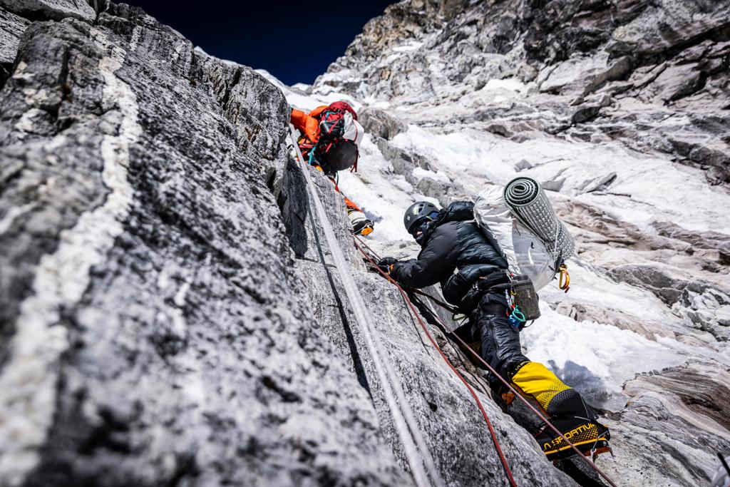 Our climber, Serge, in the Gray Couloir above Camp 2. Photo: Terray Sylvester
