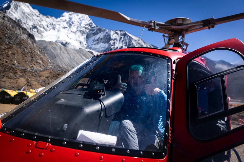 Our climber, Serge, preparing to fly out of base camp. Photo: Terray Sylvester