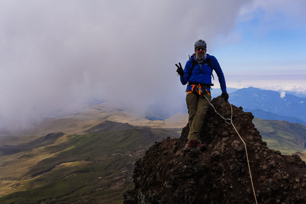 Climber, Josh Garrison, climbing the ridge towards the summit of Corazón!