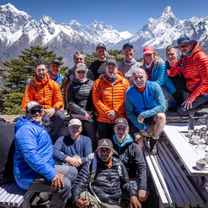 The team on their acclimatization hike, with views of the Himalayas behind! (Photo: Terray Sylvester)