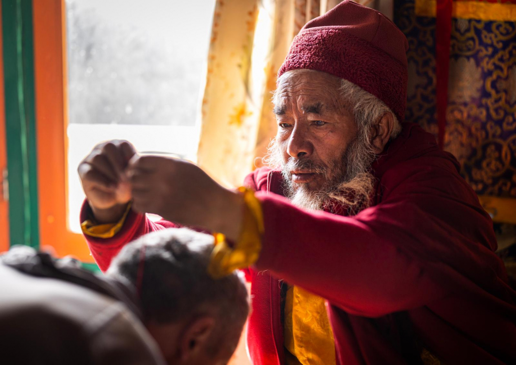 Blessing with Lama Ngawang Paljur in Pangboche. (Photo: Terray Sylvester)