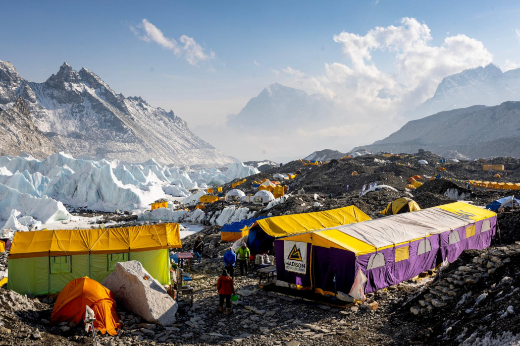The Madison Mountaineering dining tent beside the ice pinnacles of the Khumbu Glacier. (Photo: Terray Sylvester)