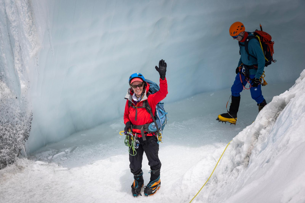 Climbers, Debbie and Erwin navigating through the Khumbu Glacier during training! (Photo: Terray Sylvester)