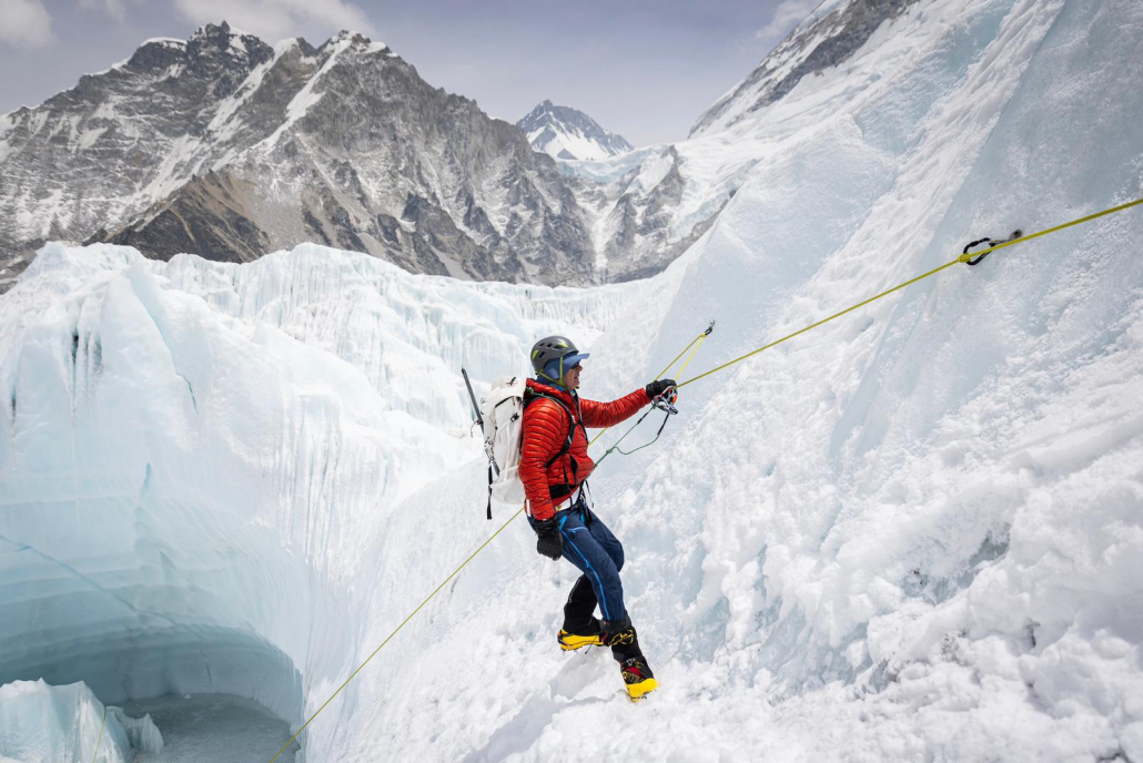 Climber, Serge Larouche, practicing traversing on steep ice. (Photo: Terray Sylvester)