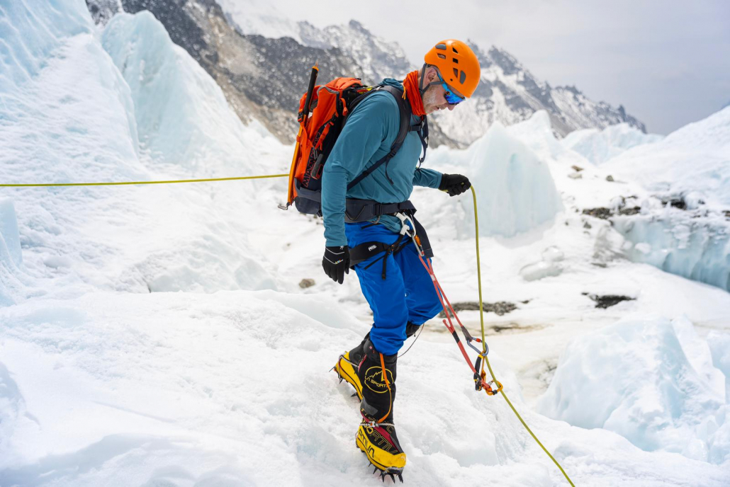 Climber, Erwin Visser, practicing crampon and fixed line descent skills. (Photo: Terray Sylvester)