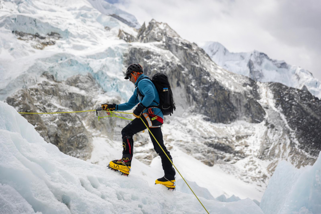 Climber, Bruce Smith, practicing ascending fixed lines on the Khumbu Glacier. (Photo: Terray Sylvester)