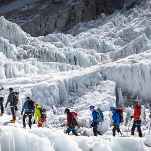 The team climbing into the Khumbu Icefall! Photo pulled from Madison Mountaineering archive (Photo: Terray Sylvester)