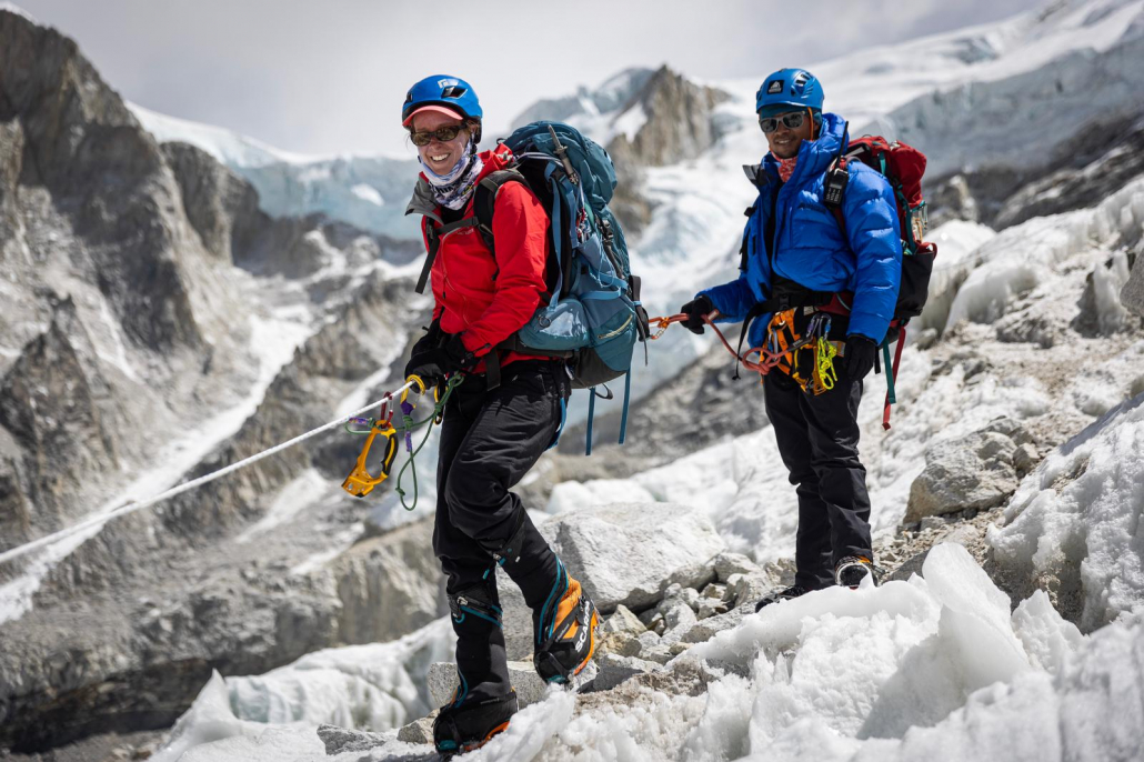 Climber, Debbie Bulten, descending out of the icefall with Sange Sherpa. (Photo: Terray Sylvester)