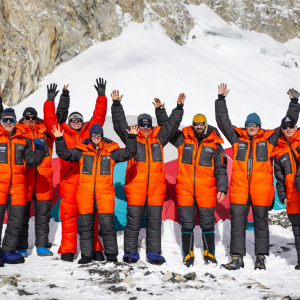 The "first wave" team testing out their down suits in Camp 2 at 21,300'. (Photo: Terray Sylvester)