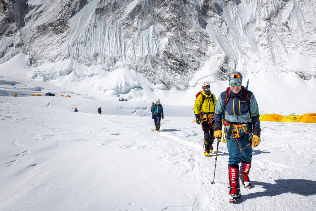 Climber, Peter Horsman, and the "first wave" team descending out of the Western Cwm toward base camp. (Photo: Terray Sylvester)