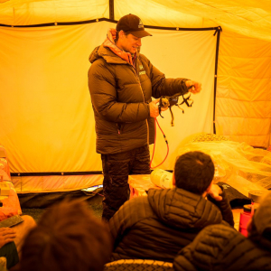 Expedition leader, Garrett Madison teaching the team how to use our oxygen system. (Photo: Terray Sylvester)