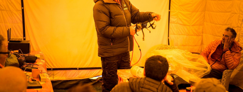 Expedition leader, Garrett Madison teaching the team how to use our oxygen system. (Photo: Terray Sylvester)