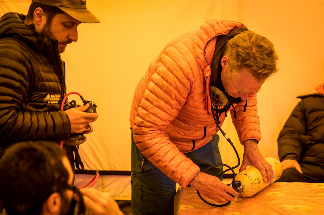 Climbers, Stevie Hornik and Peter Horsman practicing with oxygen equipment. (Photo: Terray Sylvester)
