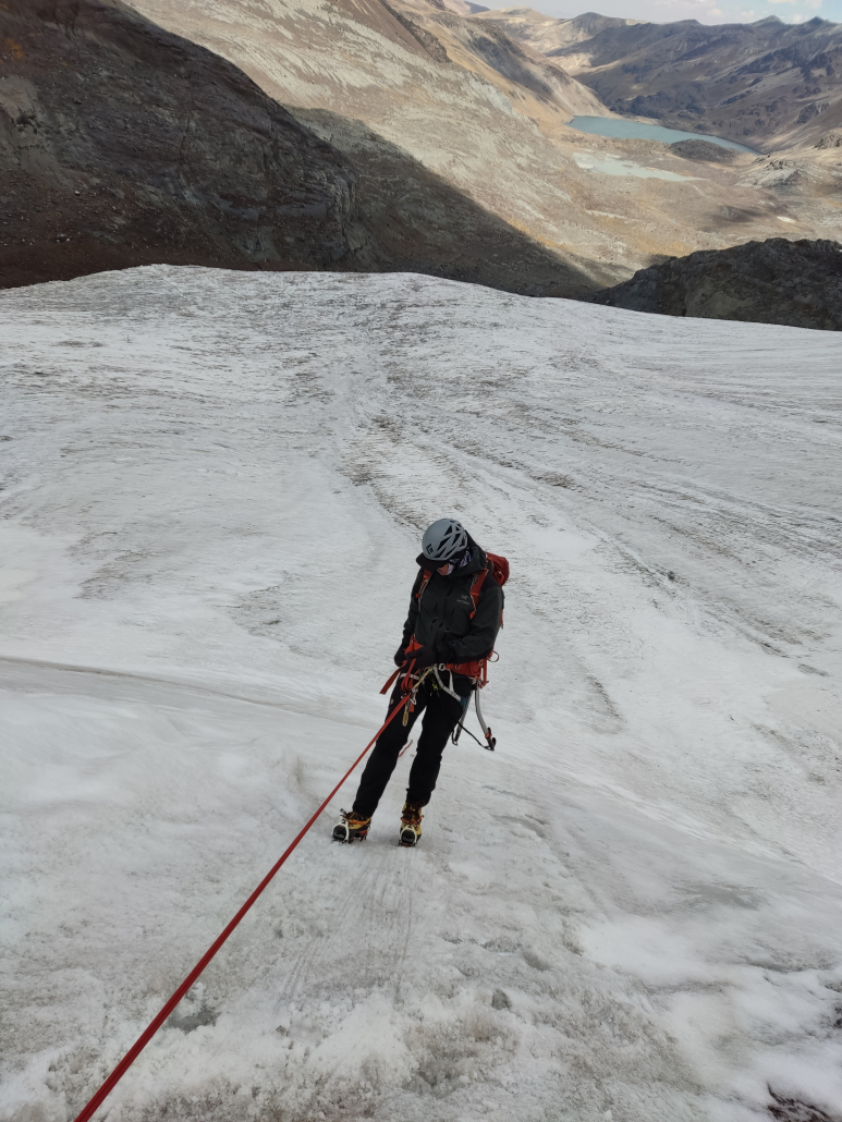 Climber, Stephane Mayer rappelling down Pequeño Alpamayo after successfully reaching the summit! (Photo: Estalin Suárez)