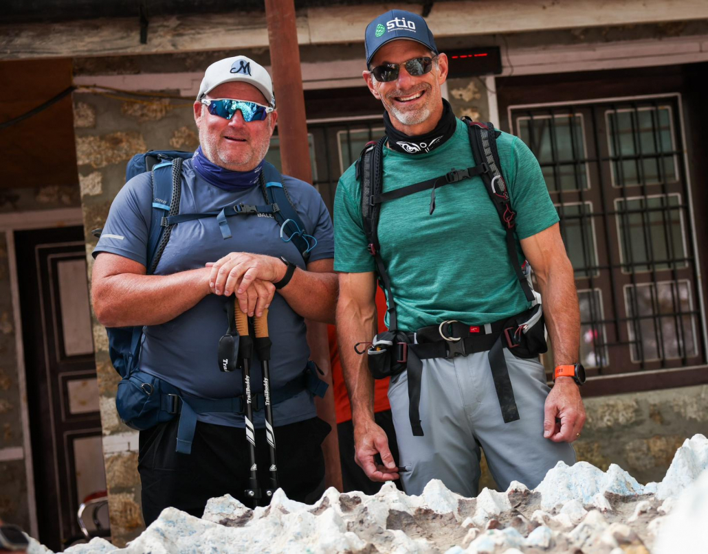 Everest Base Camp trekkers, Kirk and Nick at the entrance to Sagarmatha National Park (Photo by Terray Sylvester)