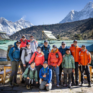 The team departing from Deboche with views of Everest, Lhotse, Nuptse and Ama Dablam (Photo by Terray Sylvester)