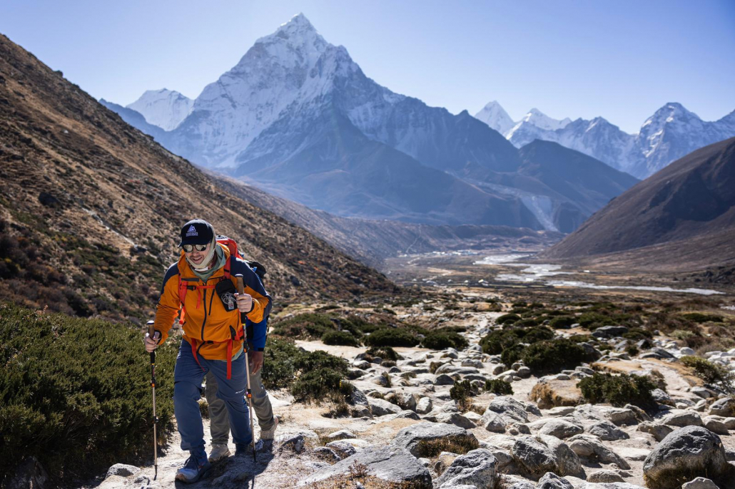 Lobuche East and Island Peak climber, Thomas hiking out of the Pheriche valley (Photo by Terray Sylvester)