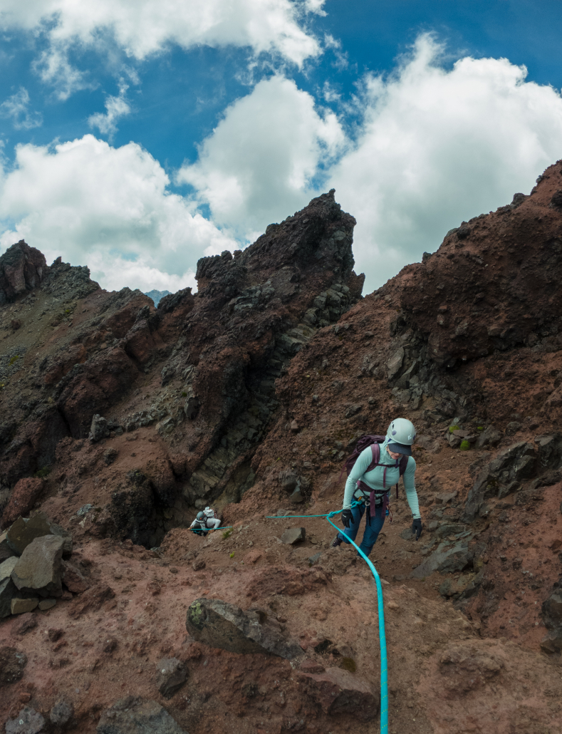 Navigating the rocky slopes of Rumiñahui on the way towards the summit!